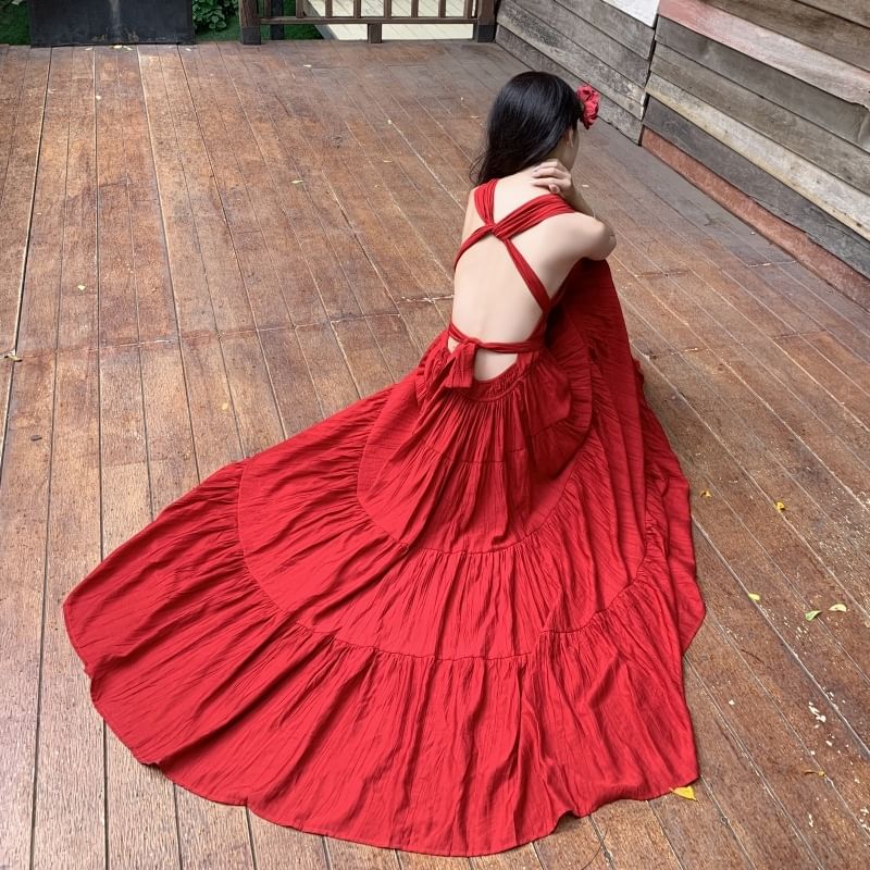 V-Neck Sleeveless Plain Maxi Dress A-Line