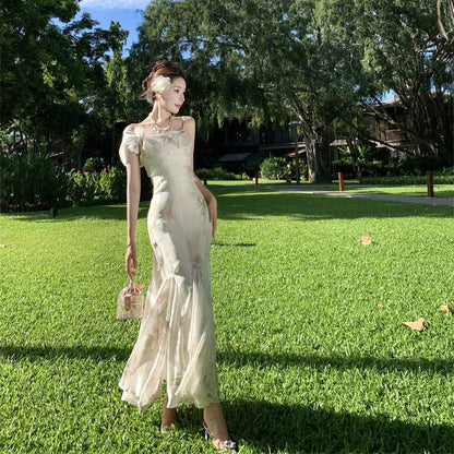 Dress Maxi Mermaid Floral Spaghetti Strap