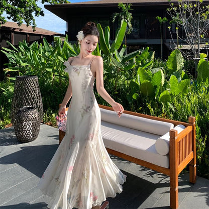 Dress Maxi Mermaid Floral Spaghetti Strap