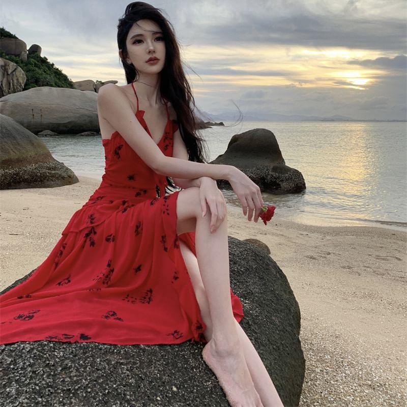 Side-Slit Floral Ruffle Halter Sundress Midi