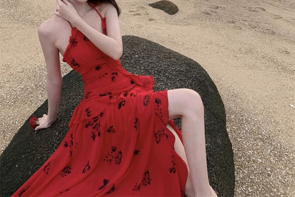 Side-Slit Floral Ruffle Halter Sundress Midi