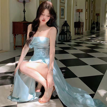 Strapless Dress A-Line Maxi Side-Slit Plain