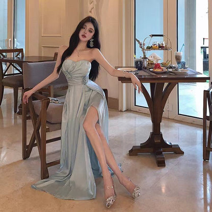 Strapless Dress A-Line Maxi Side-Slit Plain