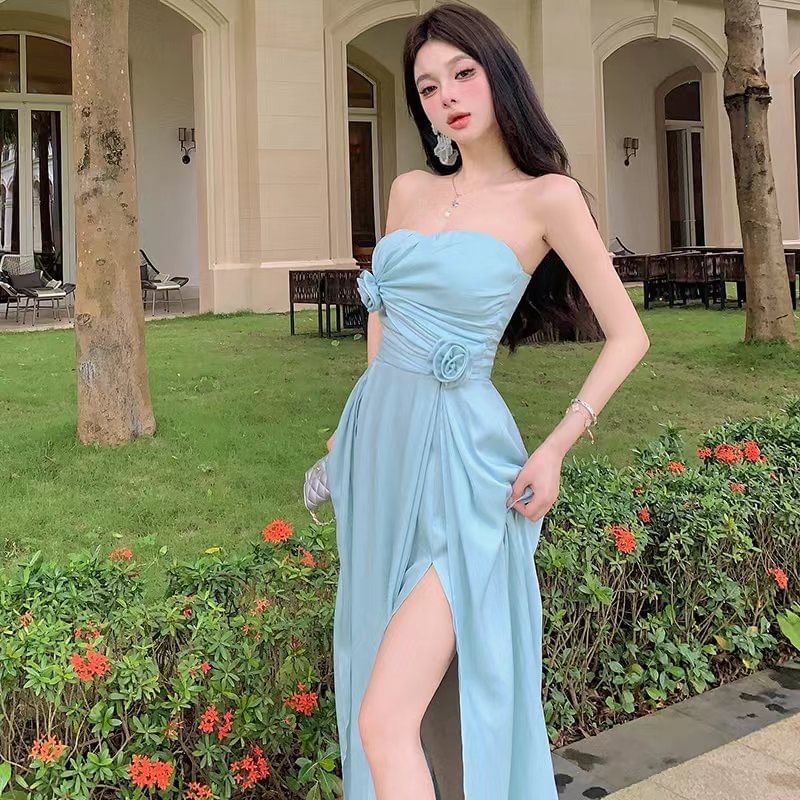 Strapless Dress A-Line Maxi Side-Slit Plain