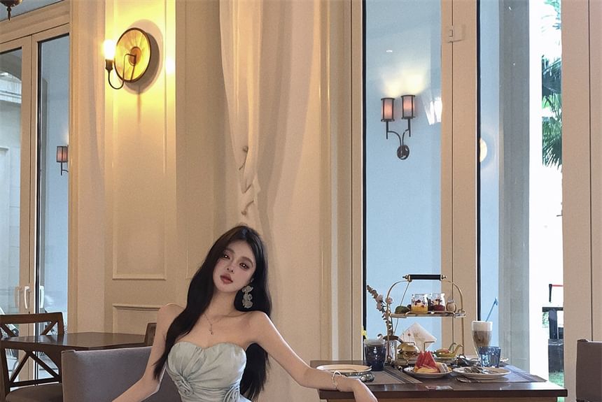 Strapless Dress A-Line Maxi Side-Slit Plain