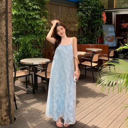 Print Strap Spaghetti Sundress Maxi Leaf