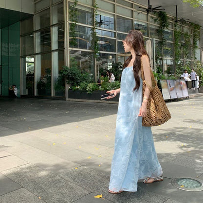 Print Strap Spaghetti Sundress Maxi Leaf