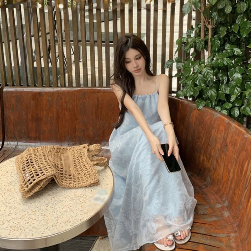 Print Strap Spaghetti Sundress Maxi Leaf