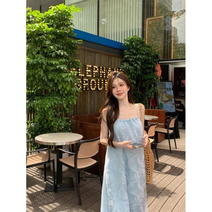 Print Strap Spaghetti Sundress Maxi Leaf