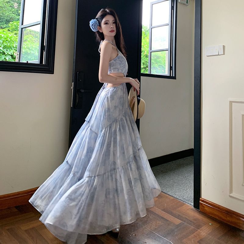 Maxi A-Line Cutout Floral Dress Halter