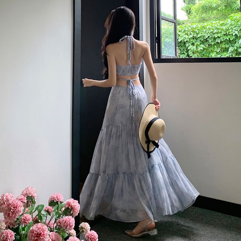 Maxi A-Line Cutout Floral Dress Halter