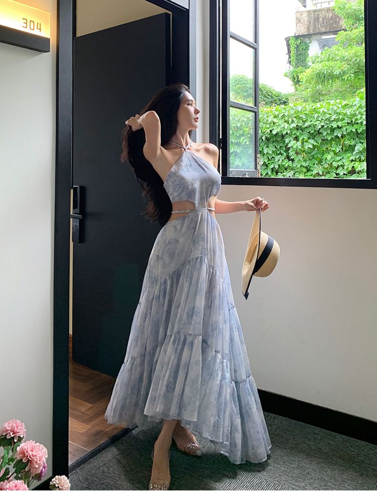 Maxi A-Line Cutout Floral Dress Halter