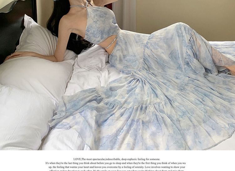 Maxi A-Line Cutout Floral Dress Halter