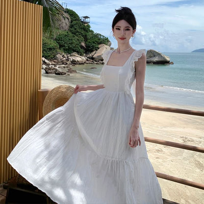 Trim Back Dress Maxi Plain Lace A-Line Open Sleeveless