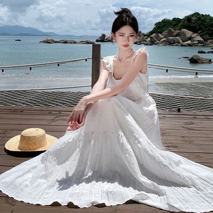 Trim Back Dress Maxi Plain Lace A-Line Open Sleeveless