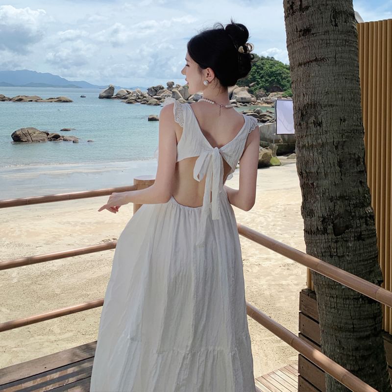 Trim Back Dress Maxi Plain Lace A-Line Open Sleeveless