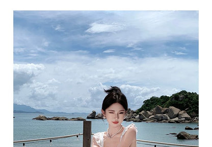 Trim Back Dress Maxi Plain Lace A-Line Open Sleeveless