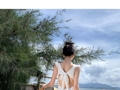 Trim Back Dress Maxi Plain Lace A-Line Open Sleeveless