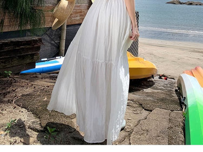 Trim Back Dress Maxi Plain Lace A-Line Open Sleeveless