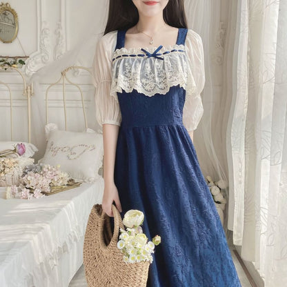 Puff-Sleeve Flower Embroidered Lace Trim Midi A-Line Dress