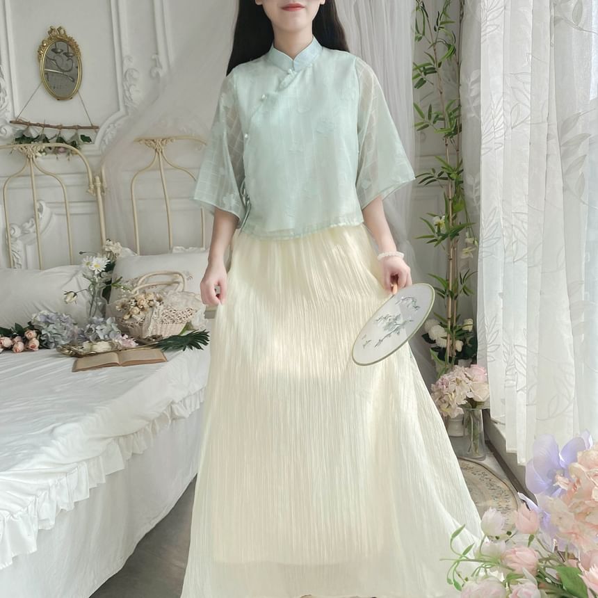 Set: Elbow-Sleeve Plaid Hanfu Blouse + High Waist Plain Maxi A-Line Skirt