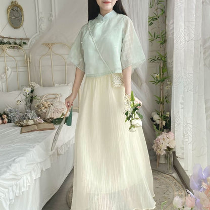 Set: Elbow-Sleeve Plaid Hanfu Blouse + High Waist Plain Maxi A-Line Skirt