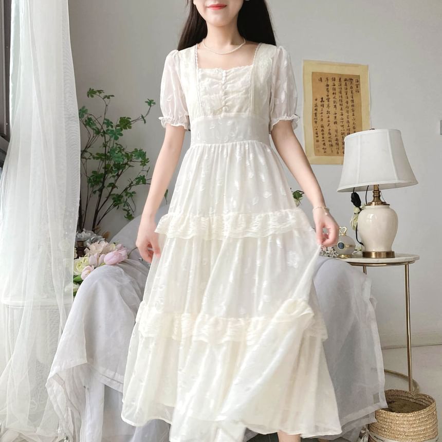 Short-Sleeve Square Neck Patterned Lace Trim Maxi A-Line Dress