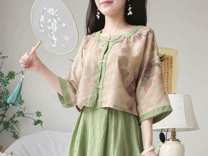 Set: Elbow-Sleeve Floral Blouse + High Rise Plain Maxi A-Line Skirt