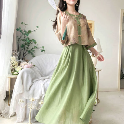 Set: Elbow-Sleeve Floral Blouse + High Rise Plain Maxi A-Line Skirt