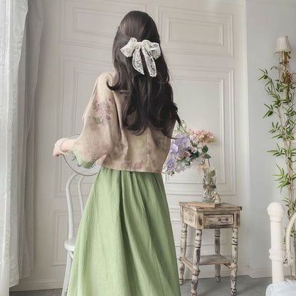 Set: Elbow-Sleeve Floral Blouse + High Rise Plain Maxi A-Line Skirt