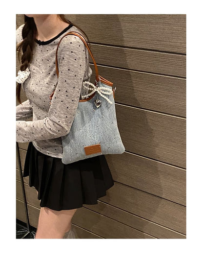 Bow Washed Denim Shoulder Bag