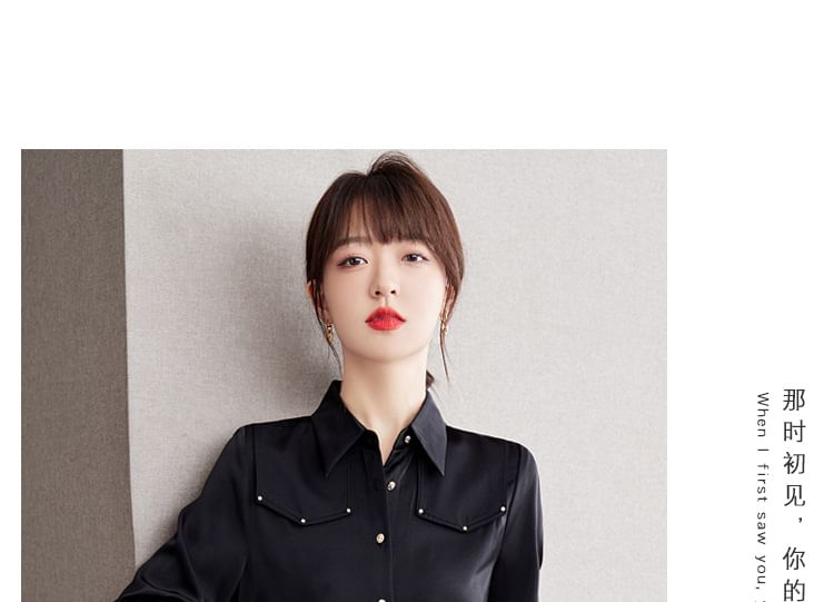 Long Sleeve Lapel Neck Plain Studded Shirt