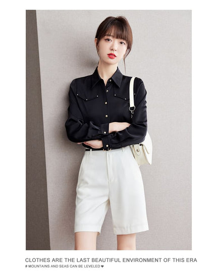 Long Sleeve Lapel Neck Plain Studded Shirt