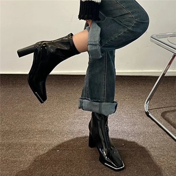 Short Chunky Leather Heel Boots Patent Plain Zip-Up