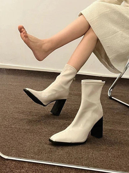 Short Chunky Leather Heel Boots Patent Plain Zip-Up