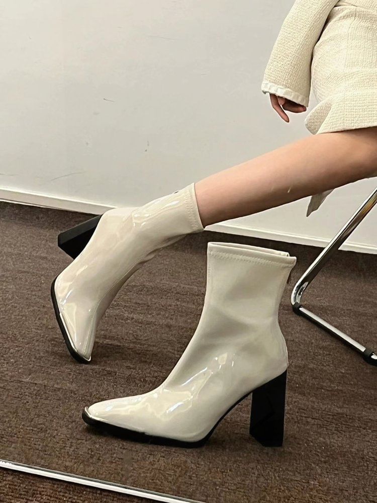 Short Chunky Leather Heel Boots Patent Plain Zip-Up