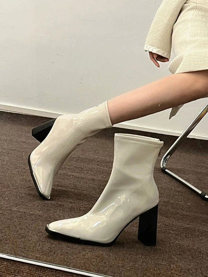 Short Chunky Leather Heel Boots Patent Plain Zip-Up