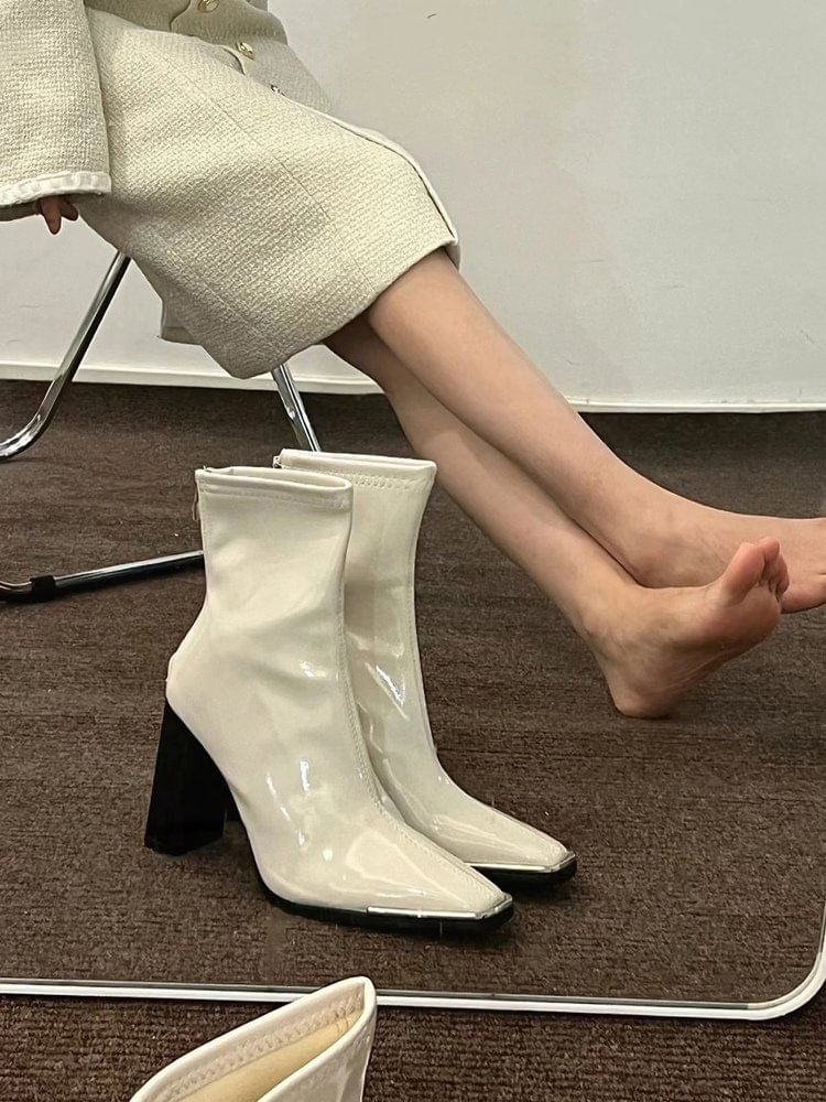 Short Chunky Leather Heel Boots Patent Plain Zip-Up