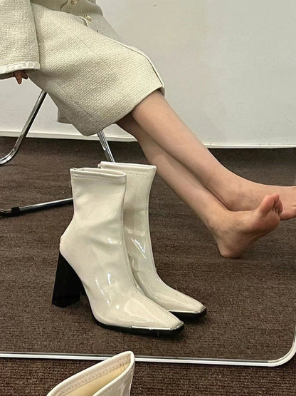 Short Chunky Leather Heel Boots Patent Plain Zip-Up