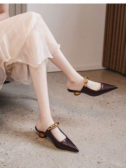 Toe Accent Leather Chunky Metal Pointed Heel Faux Mules