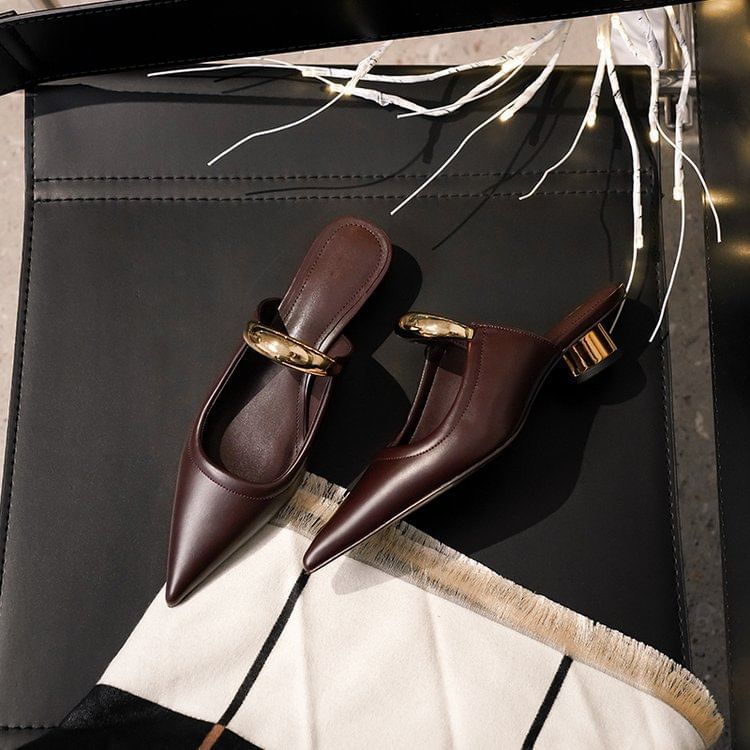 Toe Accent Leather Chunky Metal Pointed Heel Faux Mules