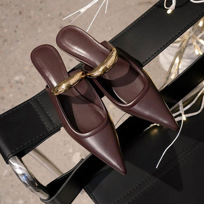 Toe Accent Leather Chunky Metal Pointed Heel Faux Mules