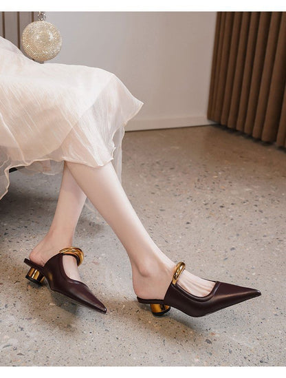 Toe Accent Leather Chunky Metal Pointed Heel Faux Mules