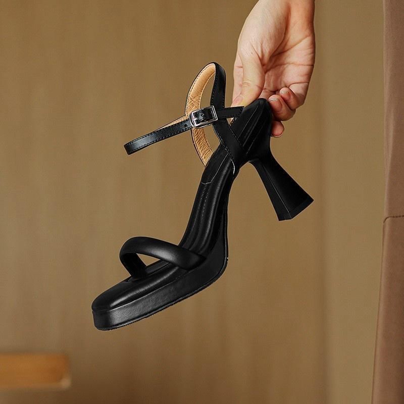 Toe Sandals Ankle High Strap Square Plain Leather Heel Faux