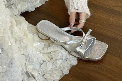 Chunky Heel Square Accent Sandals Bow Leather Toe Plain Faux