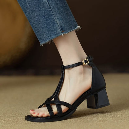 Heel Plain Faux Leather Sandals Ankle Chunky Strap Gladiator