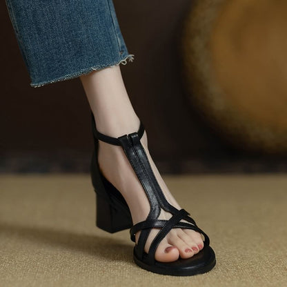 Heel Plain Faux Leather Sandals Ankle Chunky Strap Gladiator