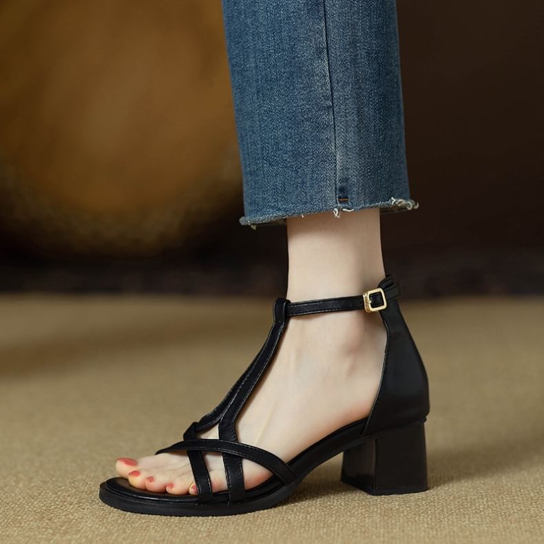 Heel Plain Faux Leather Sandals Ankle Chunky Strap Gladiator