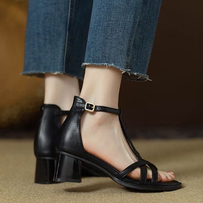 Heel Plain Faux Leather Sandals Ankle Chunky Strap Gladiator