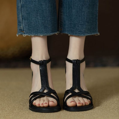 Heel Plain Faux Leather Sandals Ankle Chunky Strap Gladiator